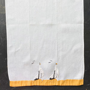 Vintage Embroidered Sailboat Applique Linen Kitchen Towels - Handstitched circa 1940s-1950s - Pair of Two 20x12