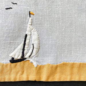 Vintage Embroidered Sailboat Applique Linen Kitchen Towels - Handstitched circa 1940s-1950s - Pair of Two 20x12