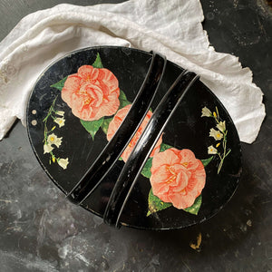 Vintage 1950s Biscuit Tin with Handles Pink Camellia Flowers and Lilies of the Valley