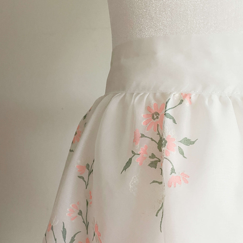 Vintage White Organza Half Apron with Pink Flowers Reversible
