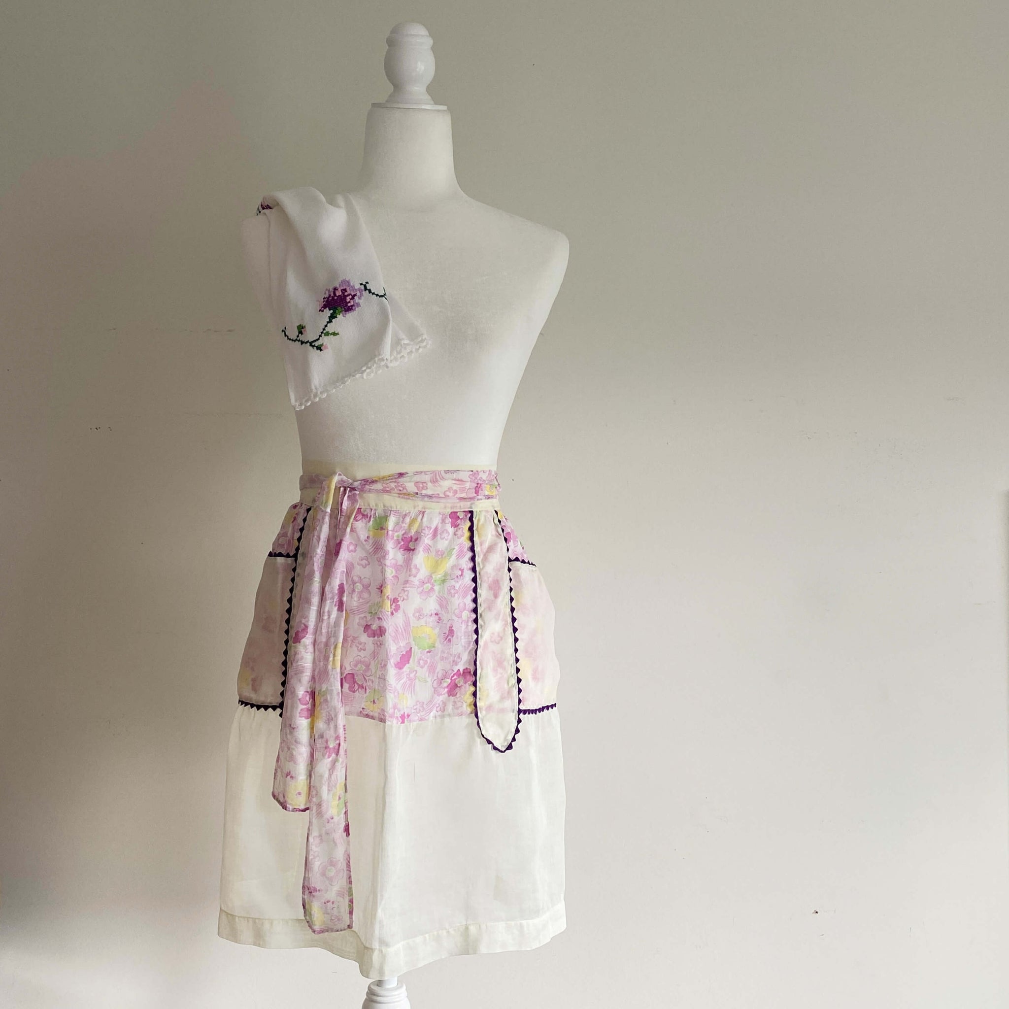 Vintage Sheer Floral Half Apron with Purple Ric Rac