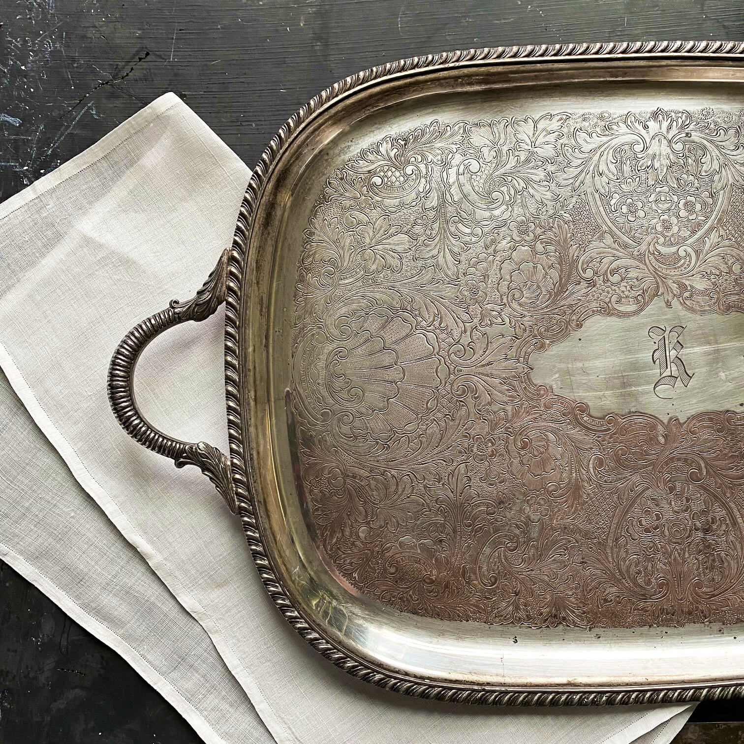 Vintage Silverplate Butler's Tray - Sheffield Silver Company - K Monogram - Electroplated Copper EPC