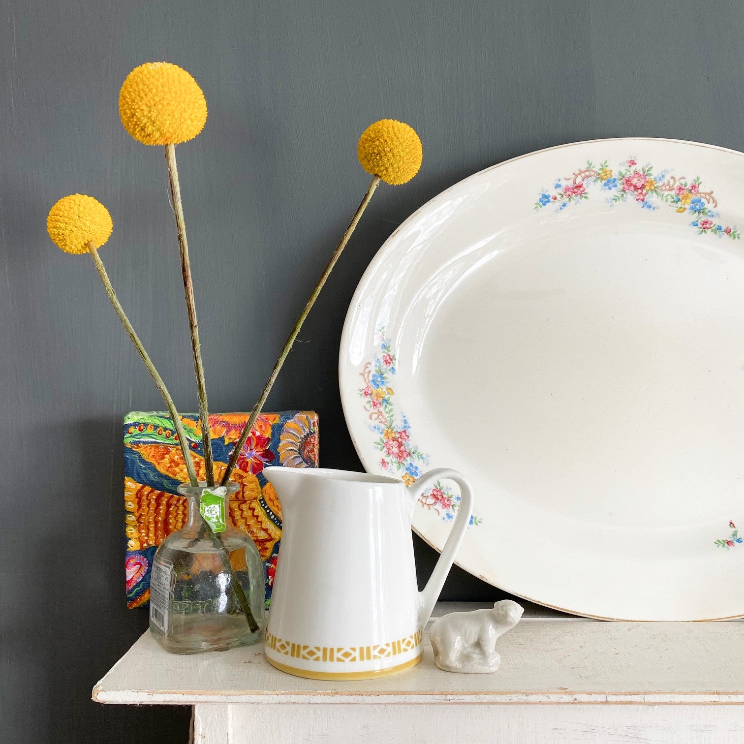 Vintage Floral Platter with Blue, Pink and Yellow Flowers