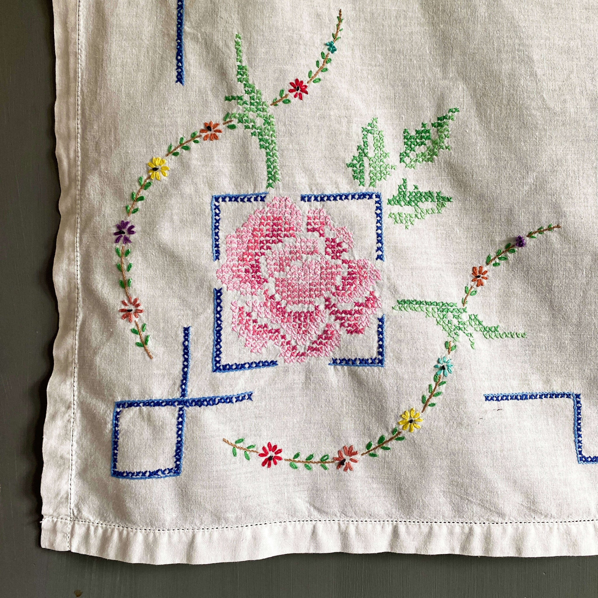 Vintage Embroidered Square Tablecloth 32x34 Cross Stitch Roses & Florals