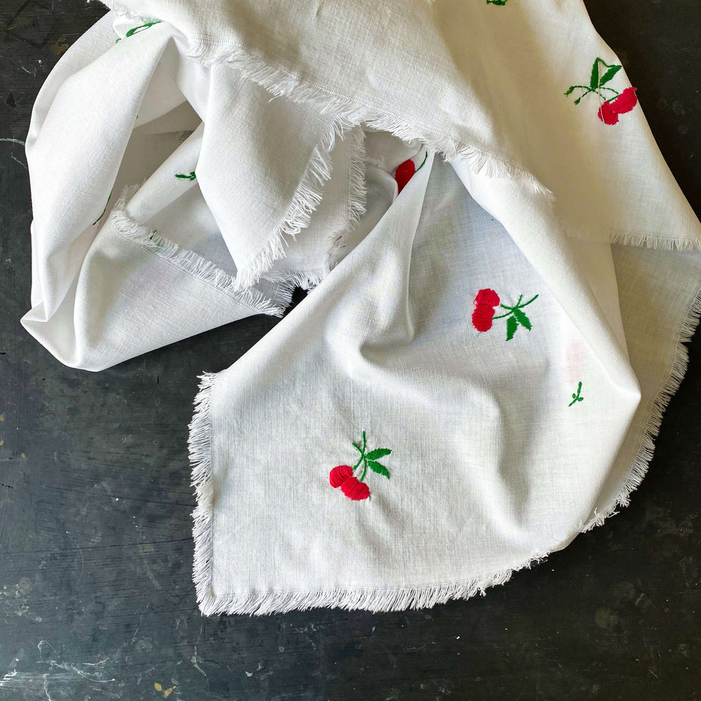 Vintage Embroidered Cherries Tablecloth 35x36
