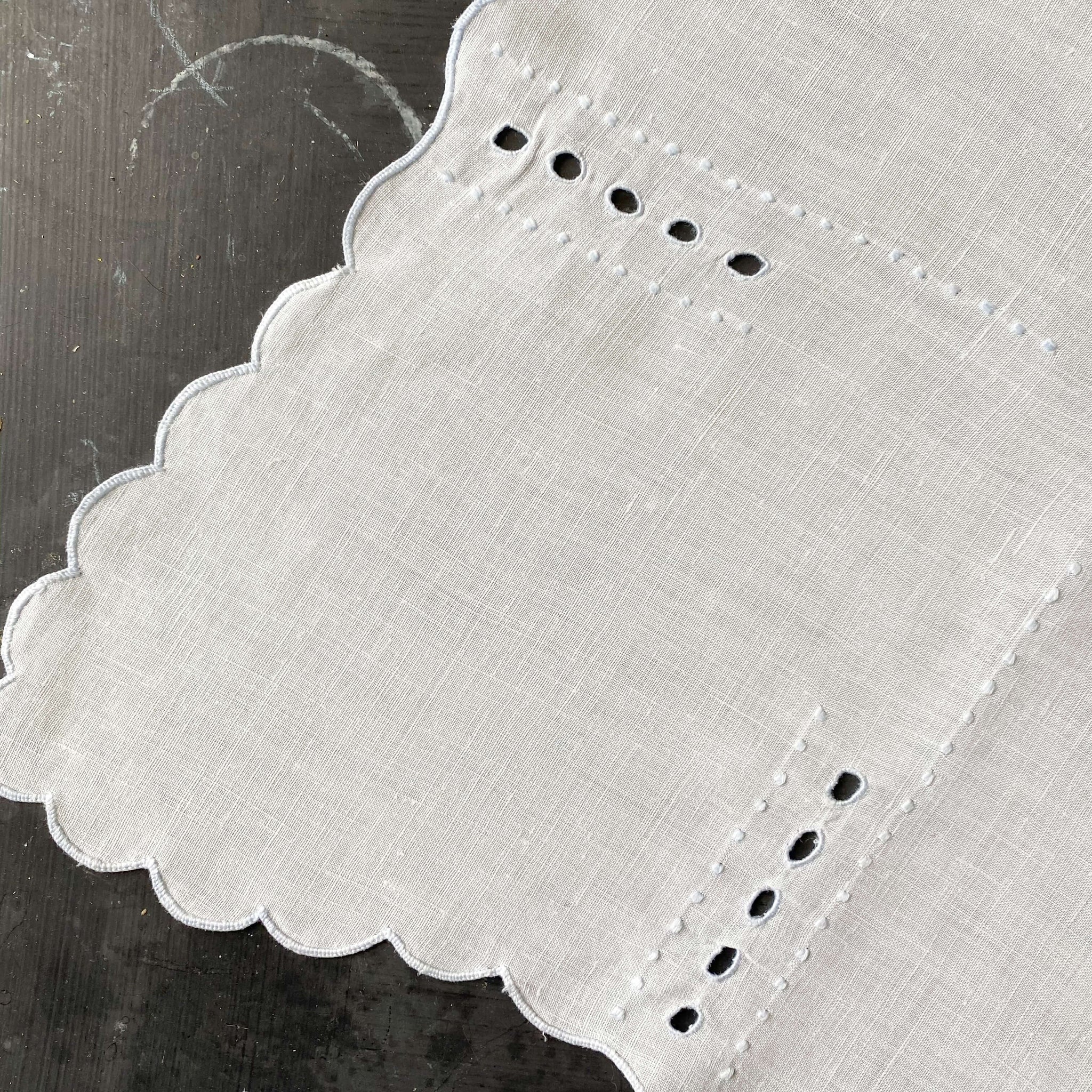 Vintage Embroidered Bridge Tablecloth with Broderie Eyelet Cutwork and French Knot Embroidery