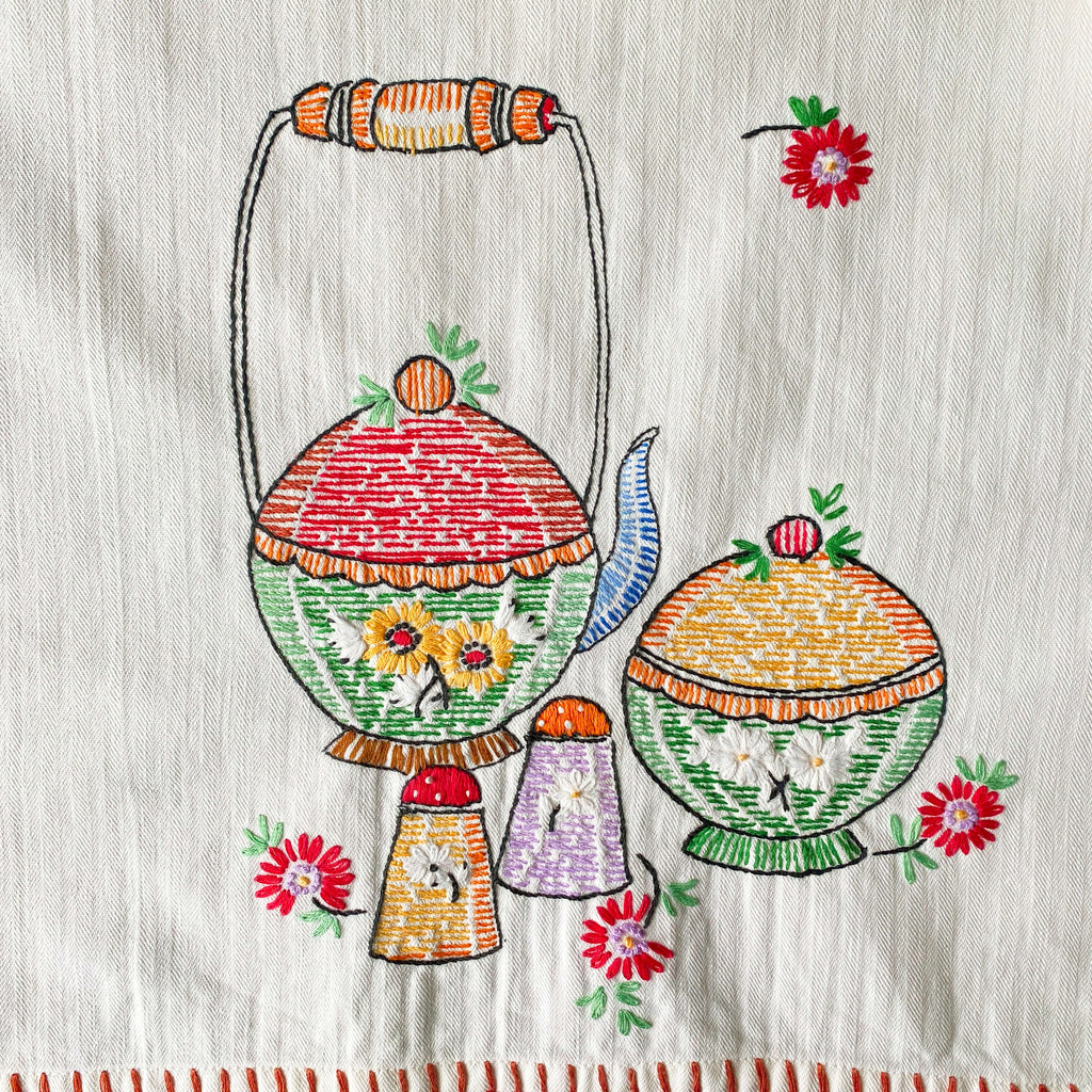 Vintage Embroidered Teapot Tea Towel