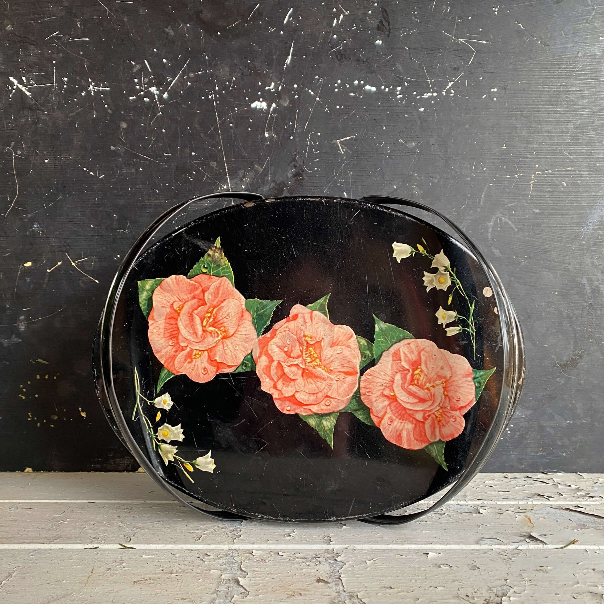 Vintage 1950s Biscuit Tin with Handles Pink Camellia Flowers and Lilies of the Valley