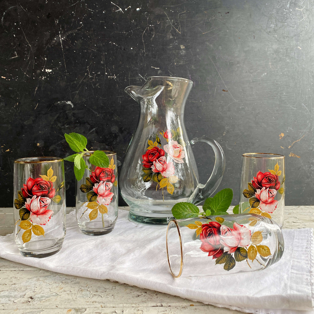Vintage Rose Glass Pitcher and Tumbler Set by West Virginia Glass Specialty Co.