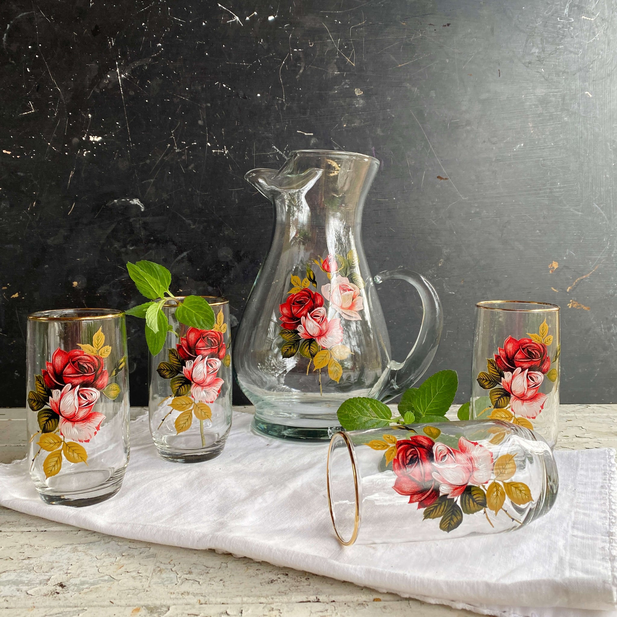 Vintage Rose Glass Pitcher and Tumbler Set by West Virginia Glass