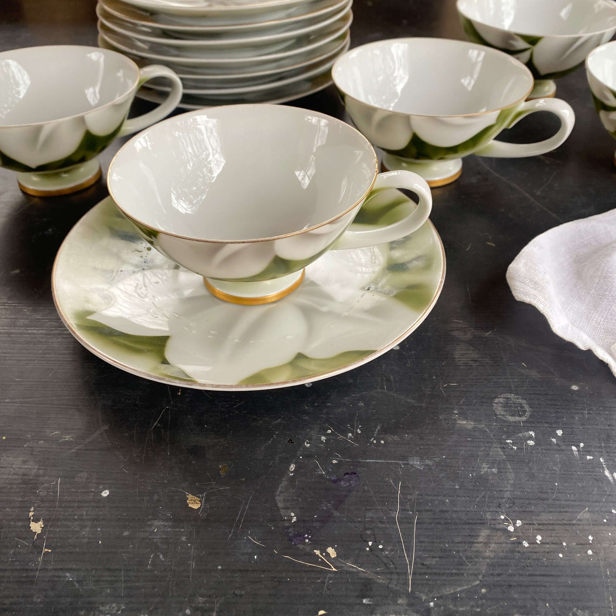 Rare Green and White Porcelain Cups & Saucers by Syunzan - White Lily Flower Design - Five Available