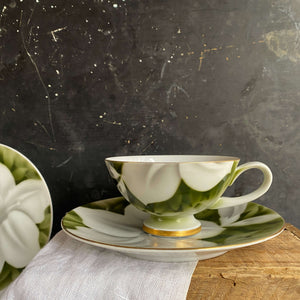 teacup lily flower Rare Green and White Porcelain Cups & Saucers by Syunzan
