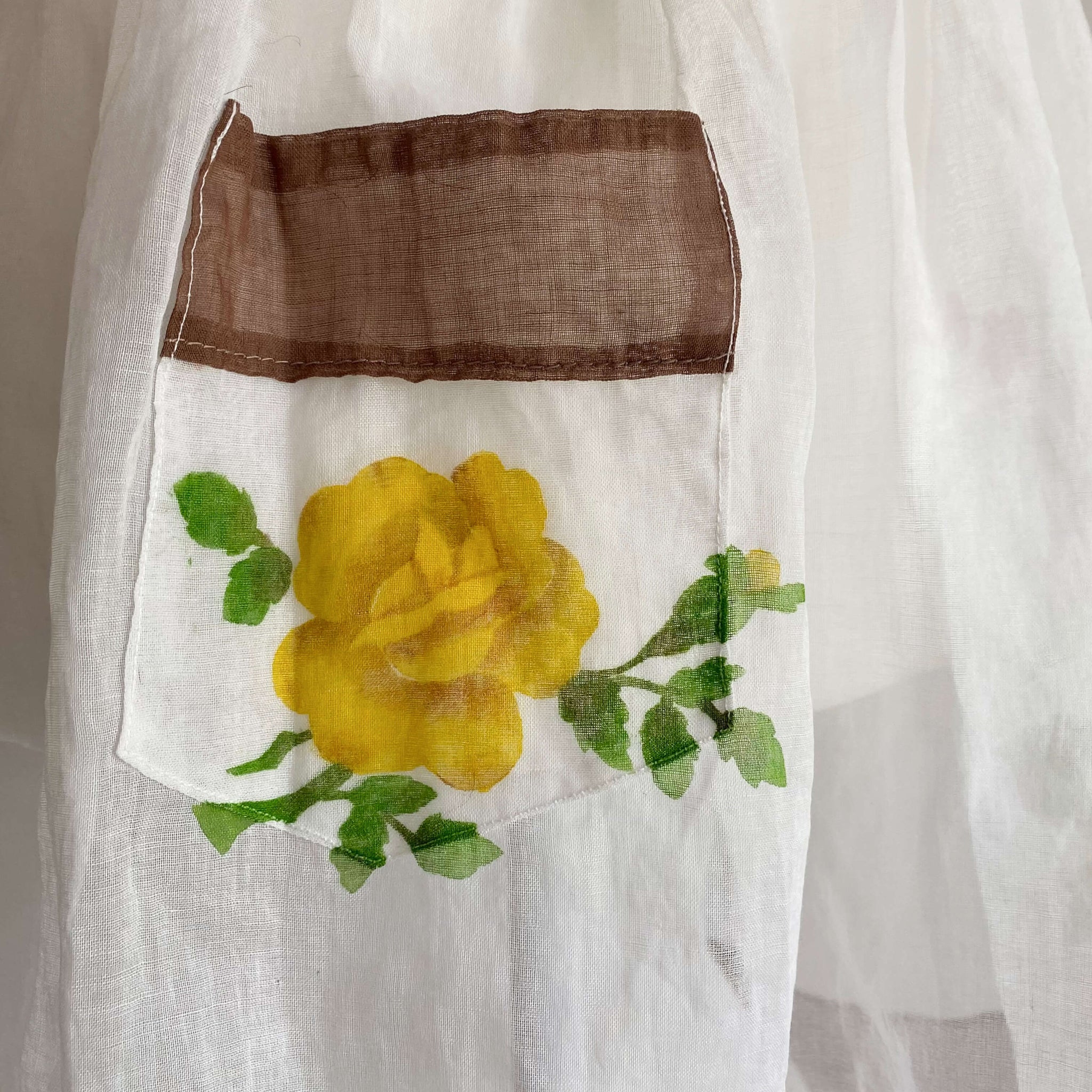 Vintage Organdy Half-Apron with Yellow Roses and Purple Flowers circa 1950s