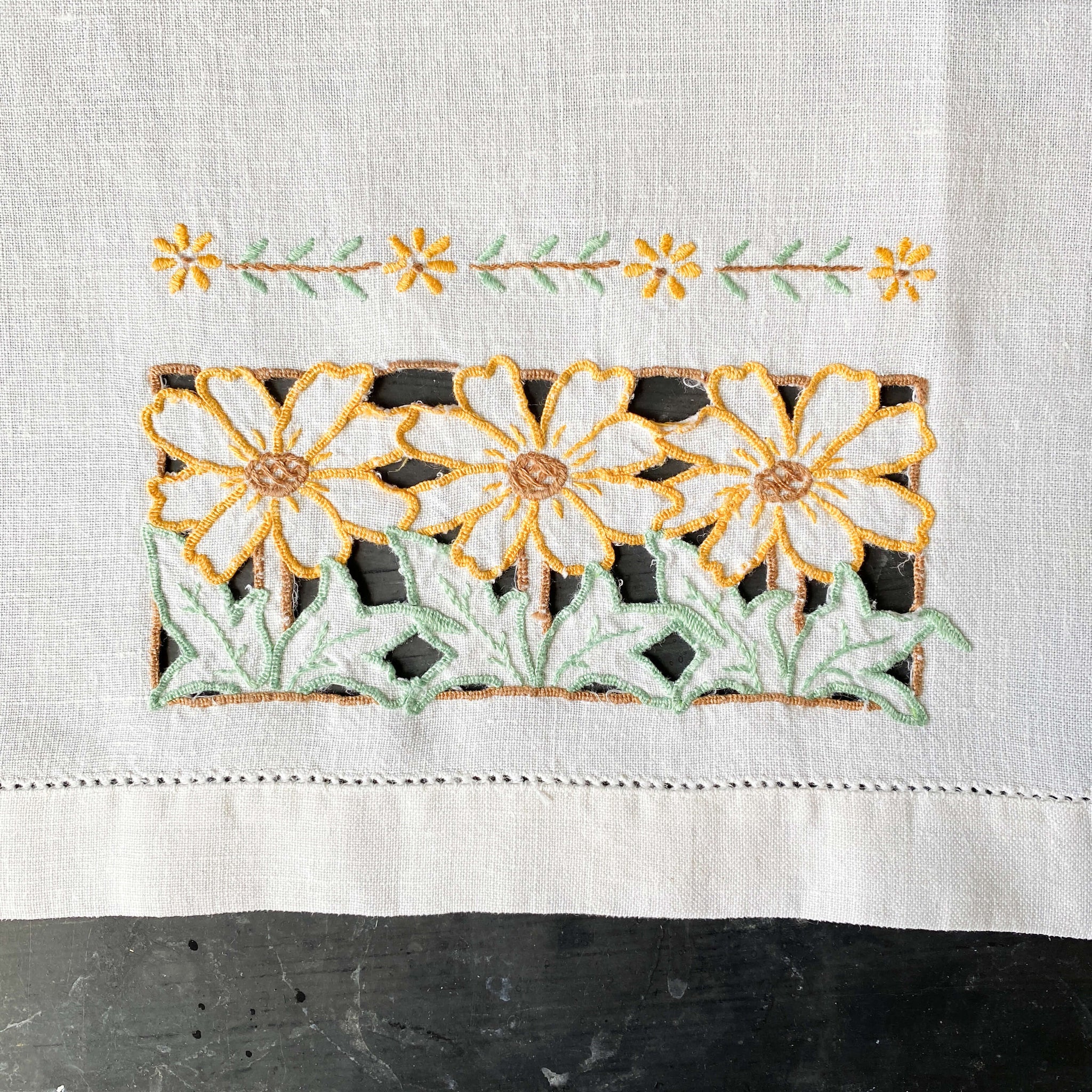 Vintage Yellow Floral Embroidered Kitchen Linen 18x12