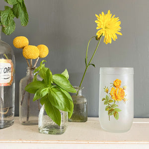 Vintage Frosted Glass Vase with Yellow Roses
