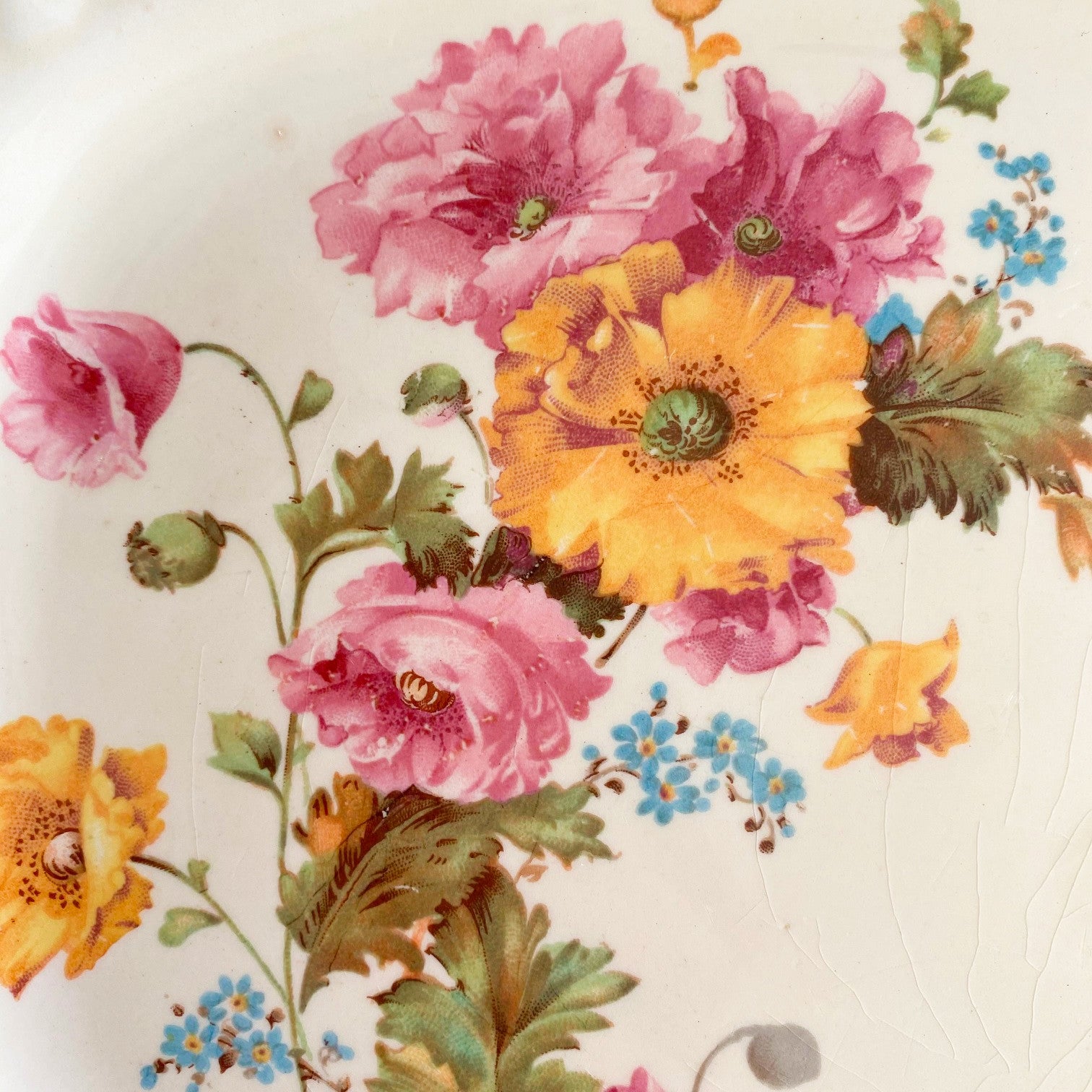 Vintage 1930s Crooksville China Platter - Pink & Yellow Florals with Embossed Fruit Rim