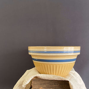 Antique 1920s Yellow Stoneware Mixing Bowl with Blue and White Stripes