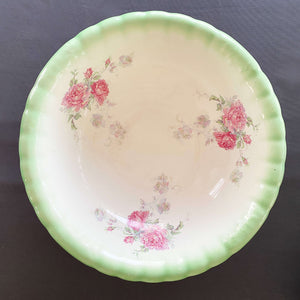 Antique Large Basin Bowl with Pink Roses and Green Rim