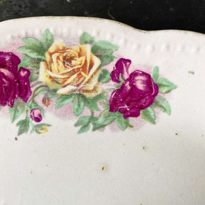 Antique Purple and Yellow Roses Platter with Embossed Ribbons