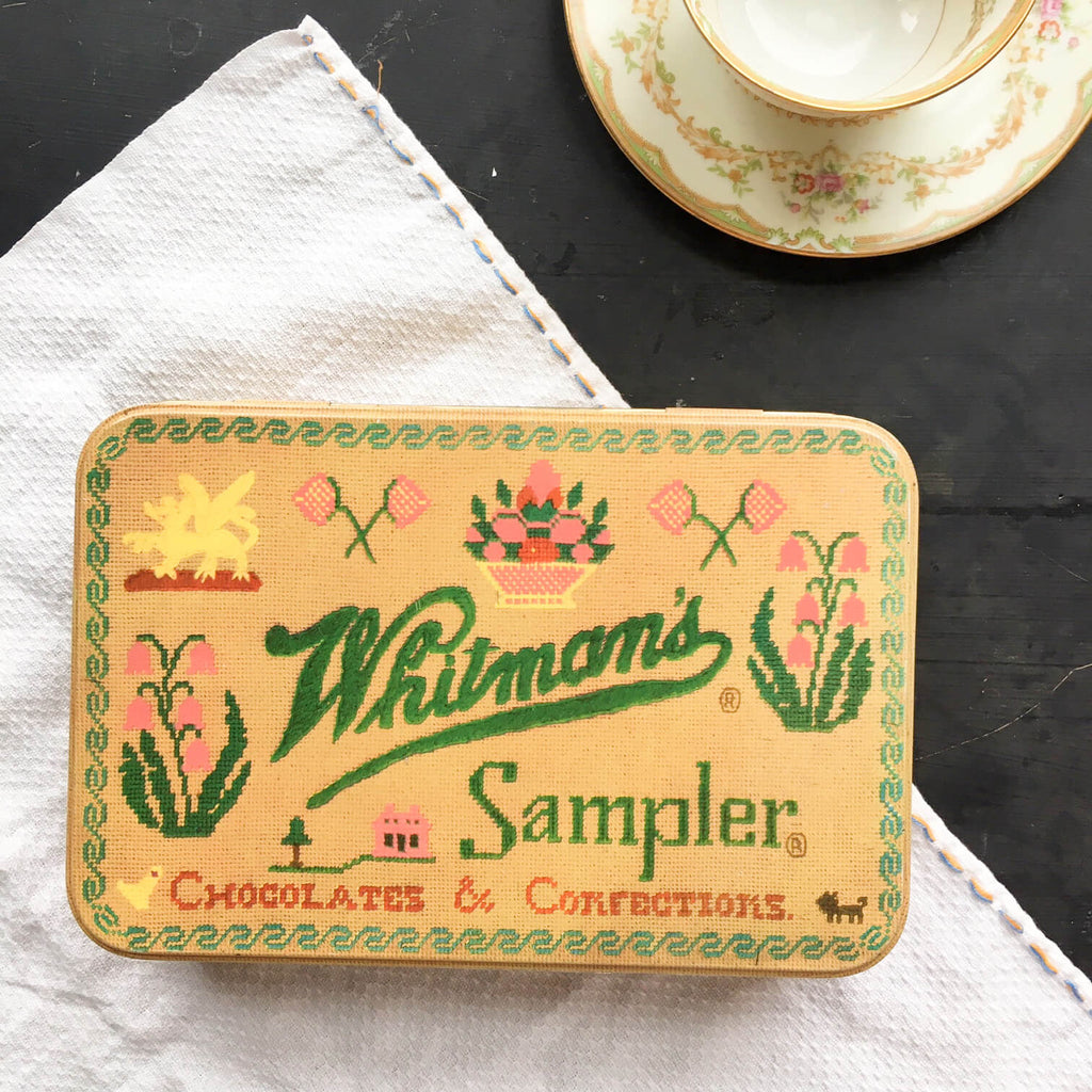 Vintage 1970's Whitman's Sampler Chocolate Tin Featuring Embroidery Sampler by Dorrit Gutterson