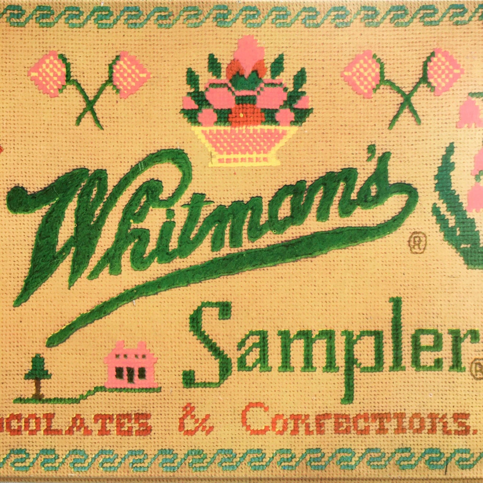 Vintage 1970's Whitman's Sampler Chocolate Tin Featuring Embroidery Sampler by Dorrit Gutterson