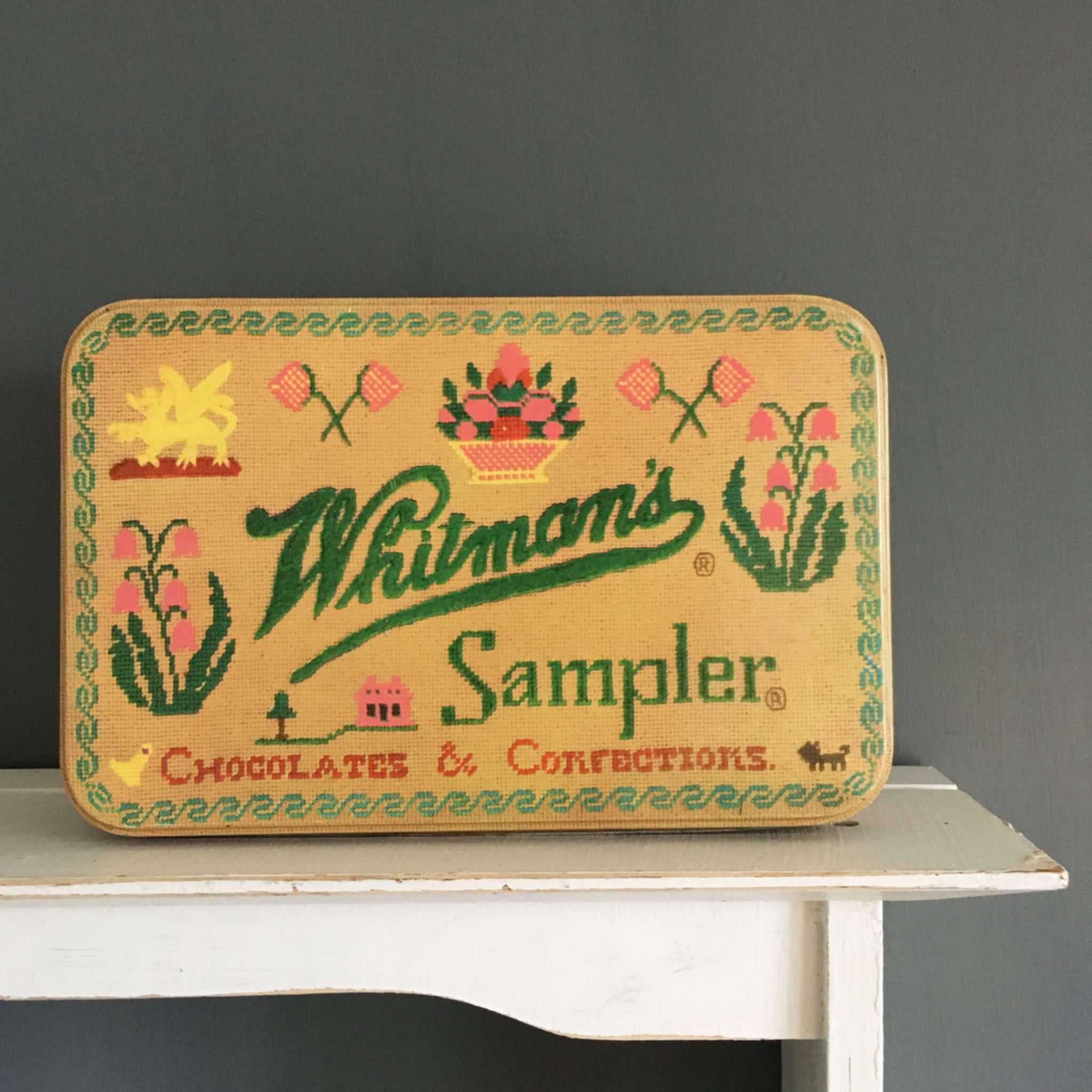 Vintage 1970's Whitman's Sampler Chocolate Tin Featuring Embroidery Sampler by Dorrit Gutterson