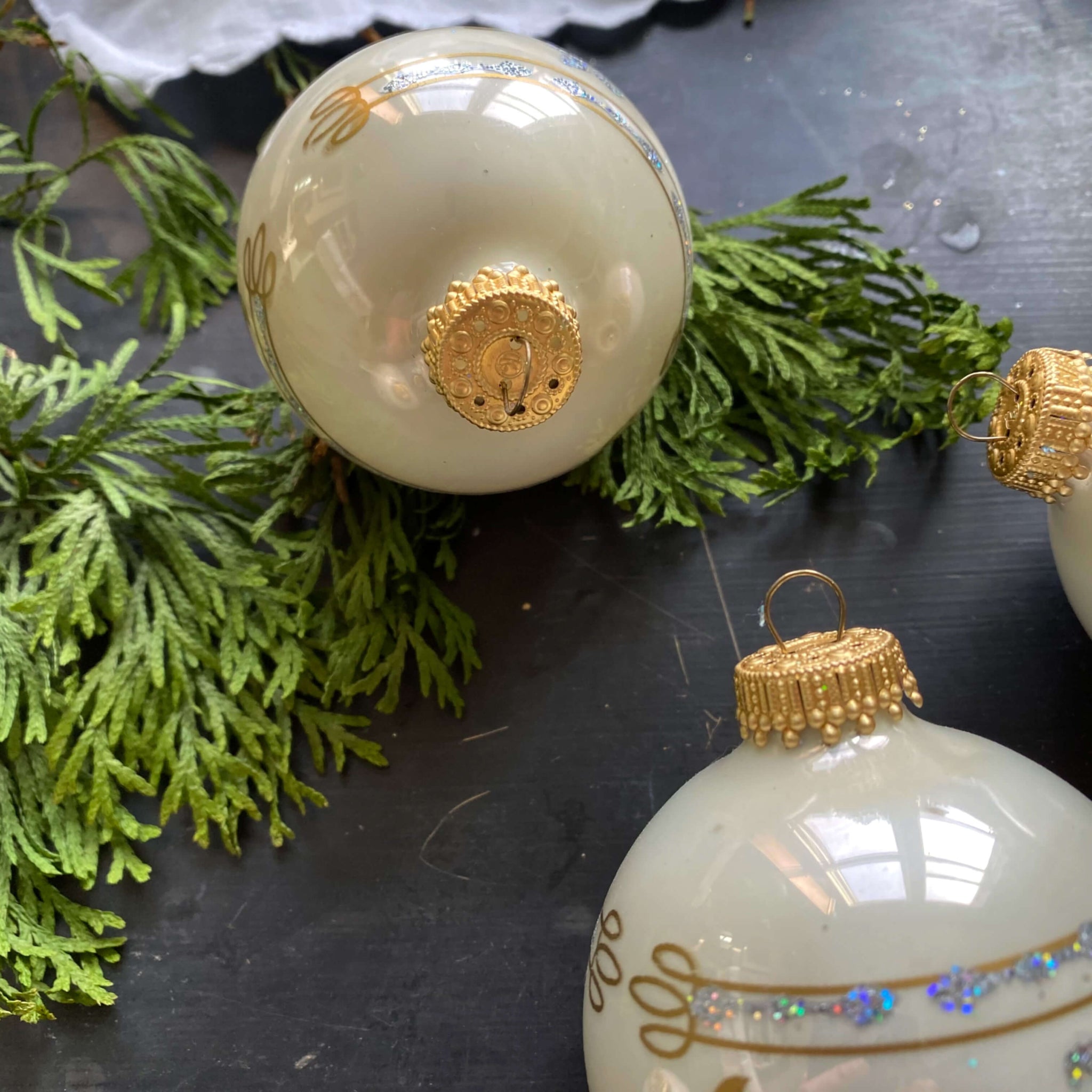 Vintage White Christmas by Krebs Glass Ornaments with Silver Glitter Fleur de Lis - Set of 4