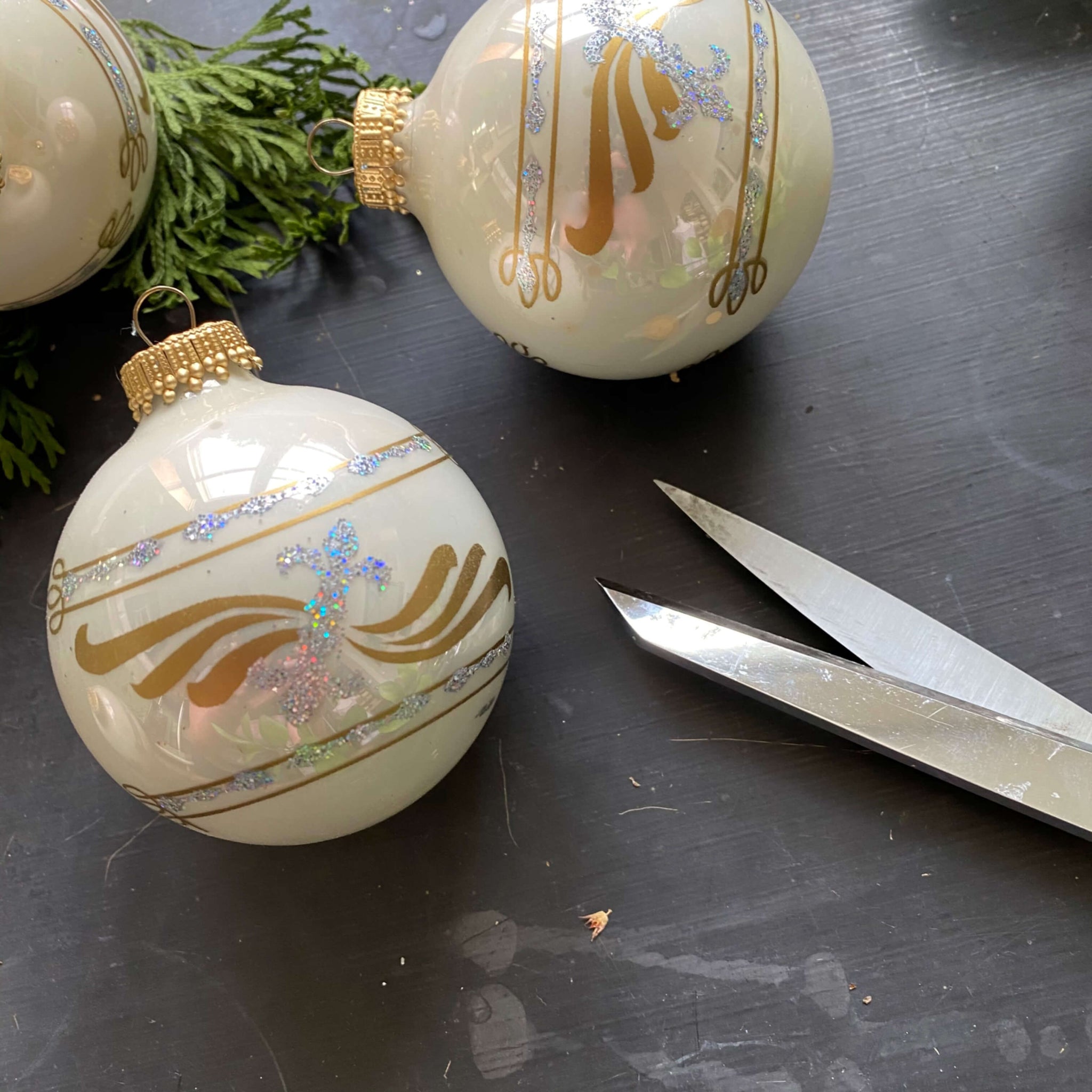Vintage White Christmas by Krebs Glass Ornaments with Silver Glitter Fleur de Lis - Set of 4