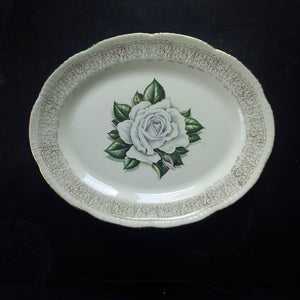 Homer Laughlin Windsor Rose Platter -1950's White Rose and Gold Filigree Platter - Liberty Shape G51 N6