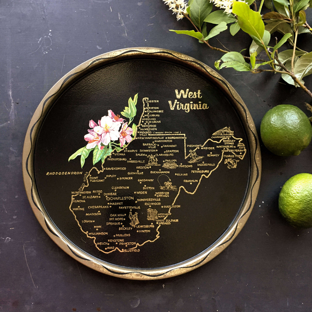 Vintage 1950's  West Virginia Tin Tray - Travel Souvenir - Black and Gold Travel Collectibles