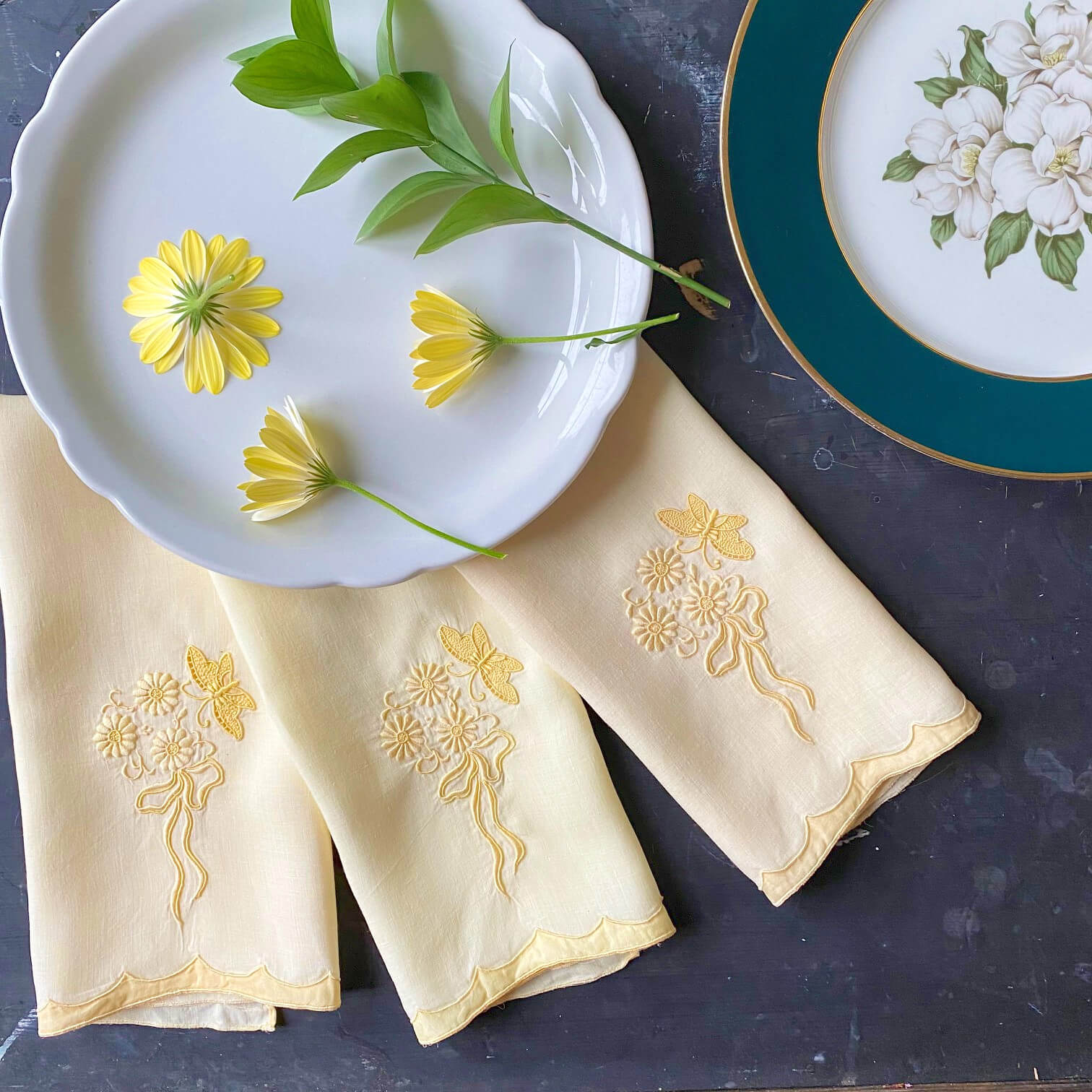 Vintage 1950s Marghab Yellow Butterfly Linens - Guest Towel Size - Embroidered Flowers & Butterfly - Set of Three