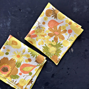 Vintage Yellow Linen Napkins - Fruit & Flowers Pattern - Set of Two
