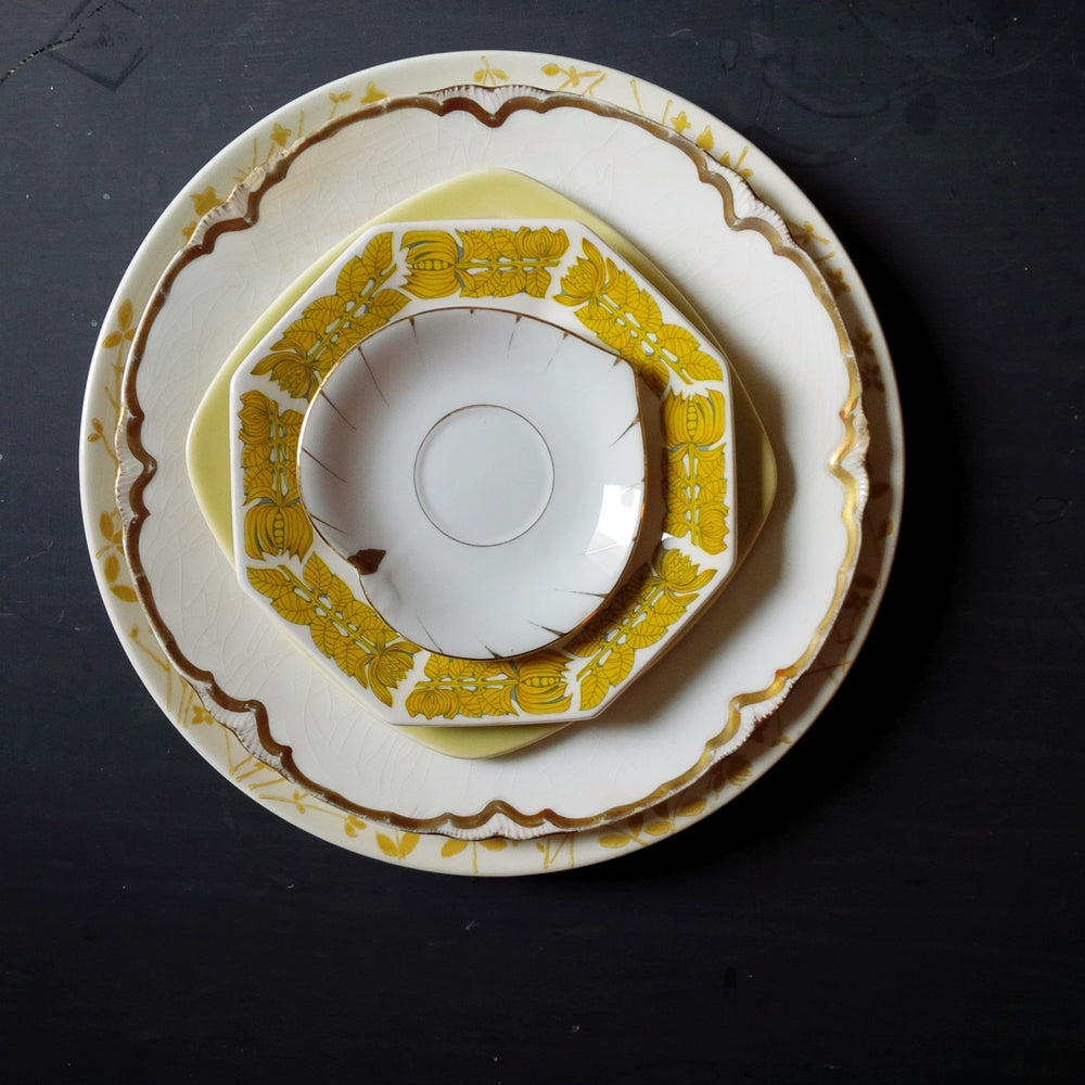 The Champagne Collection - Golden Yellow Mismatched China Plate Set - Five Pieces